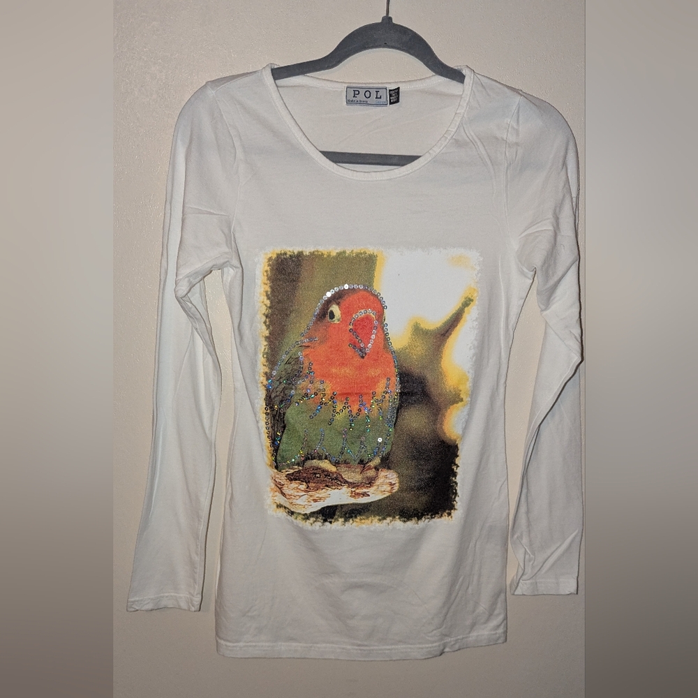 POL White Long-Sleeve Parrot Graphic Tee